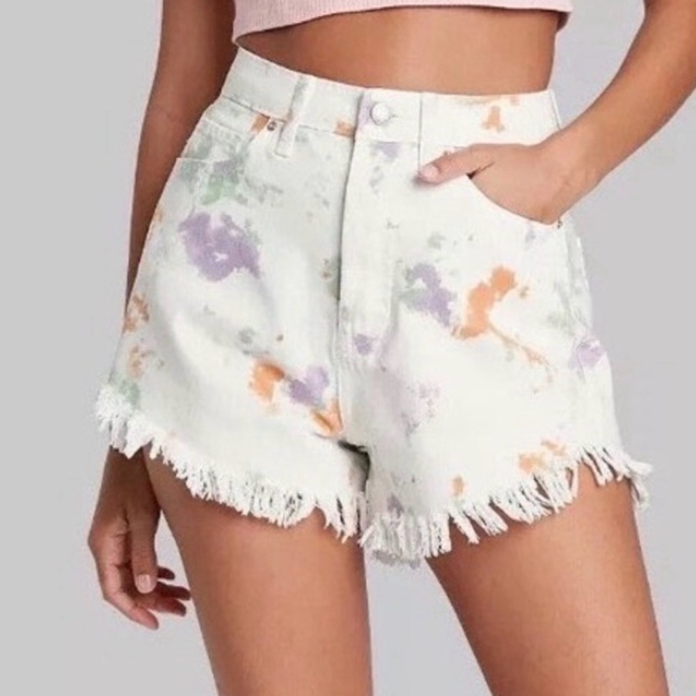 wild fable White Tie-Dye Frayed Hem High-Waist Shorts